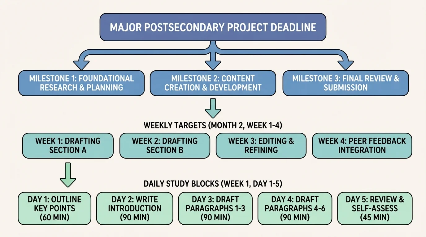 Flowchart of a major project deadline broken into milestones, weekly targets, and daily study blocks