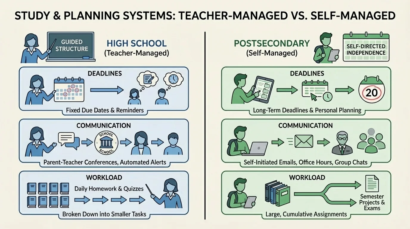 Comparison chart showing teacher-managed high school tasks versus self-managed postsecondary deadlines, communication, and workload