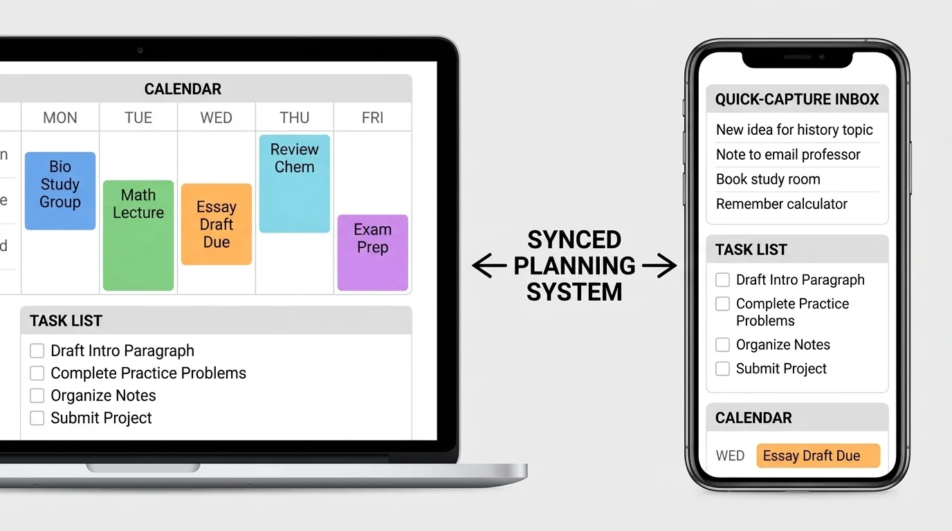 Student laptop and phone setup showing calendar, task list, and quick-capture inbox connected in one planning system