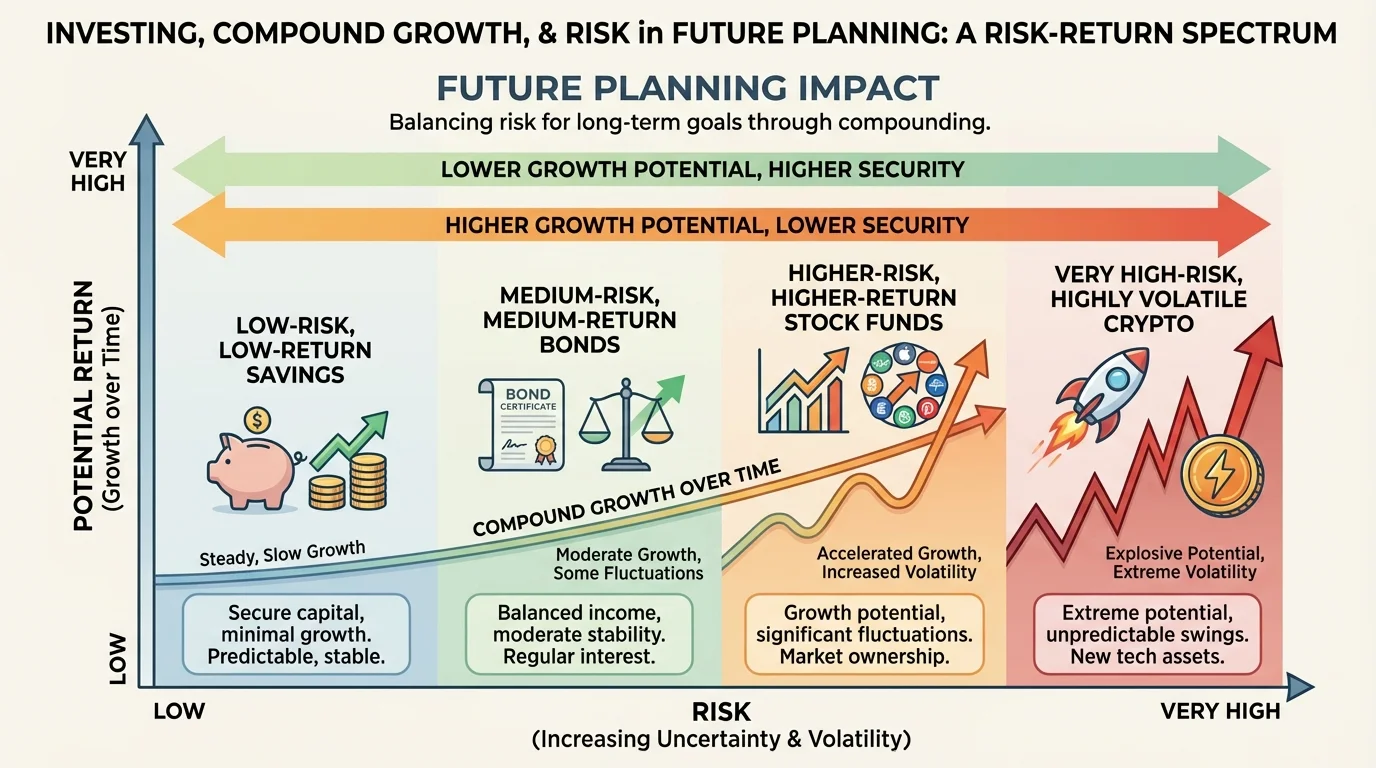 risk-return spectrum chart showing low-risk low-return savings, medium-risk medium-return bonds, higher-risk higher-return stock funds, and very high-risk highly volatile crypto