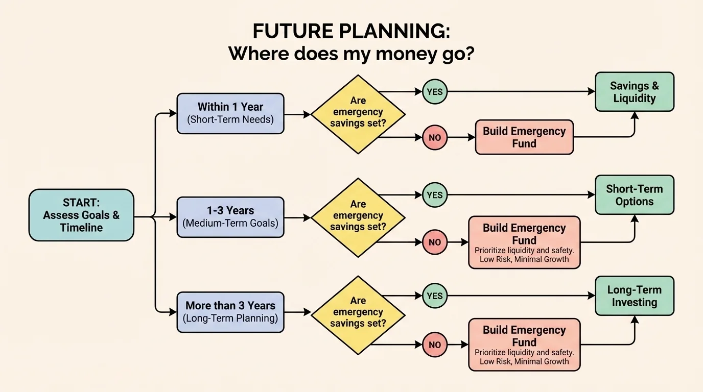 flowchart asking when the money is needed, whether emergency savings are set, and directing money to savings, short-term options, or long-term investing