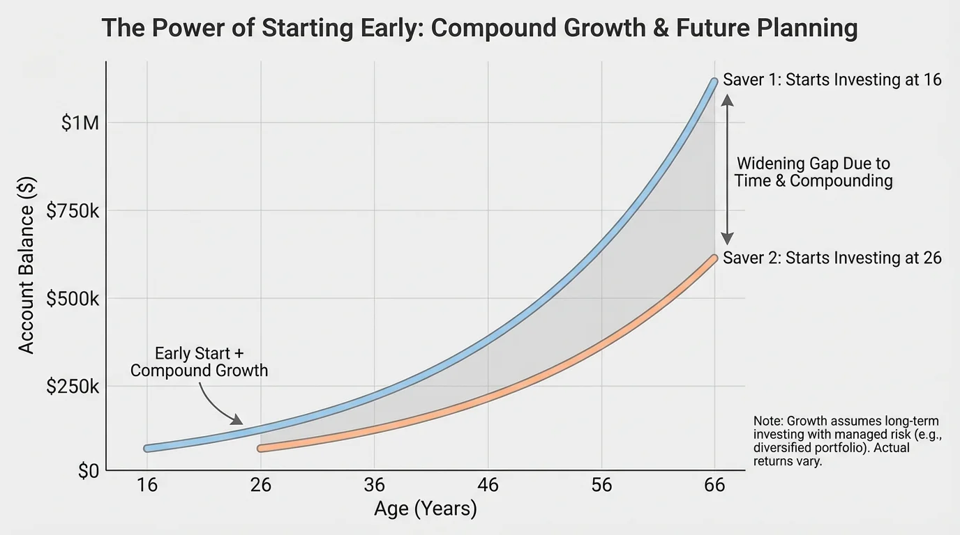 line graph comparing two savers, one starting at age 16 and one starting at age 26, showing account balances widening over time