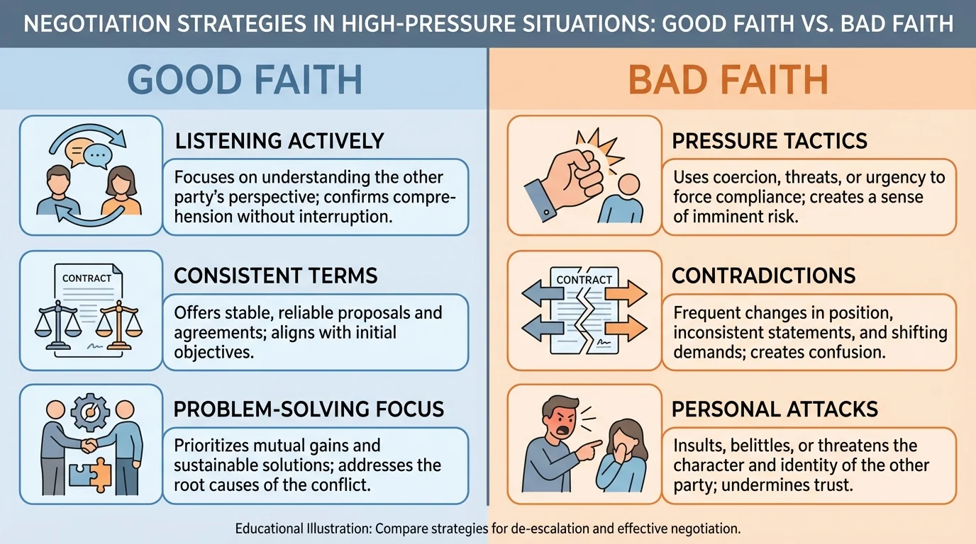 Comparison chart with two columns labeled good faith and bad faith, showing listening, consistent terms, and problem-solving versus pressure, contradictions, and personal attacks