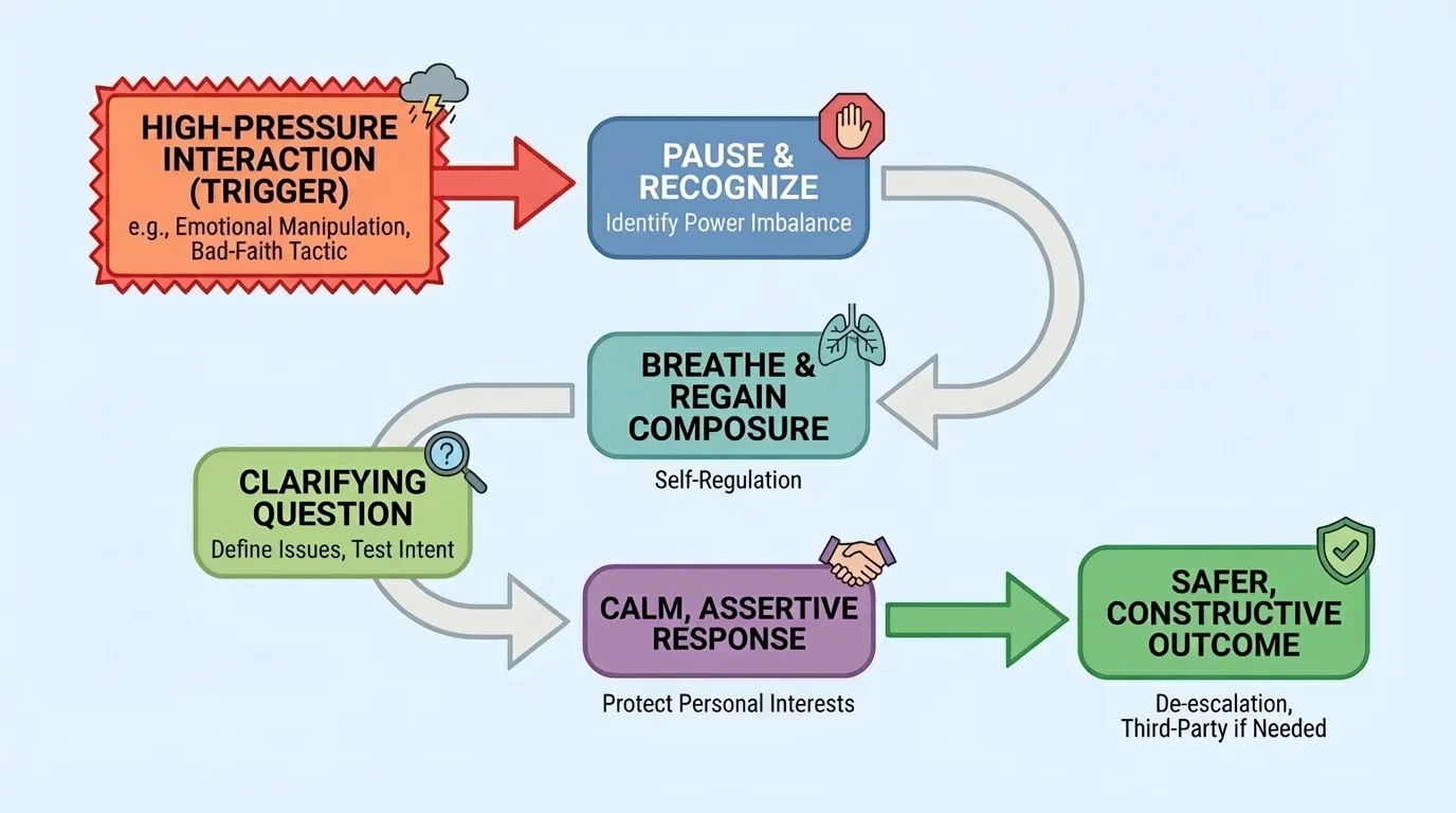 Flowchart showing a high-pressure interaction moving from trigger to pause, breathing, clarifying question, calm response, and safer outcome