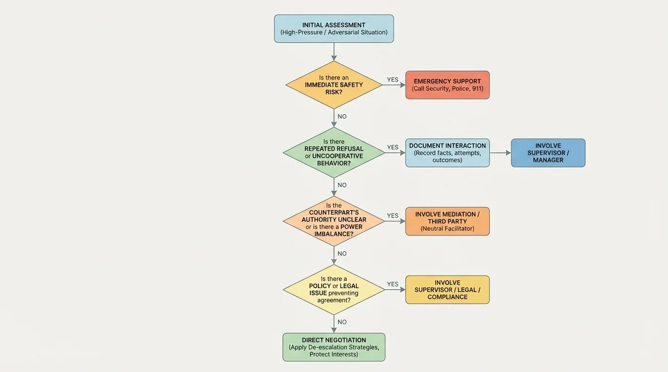 Decision flowchart asking whether there is safety risk, repeated refusal, unclear authority, or policy issue, leading to direct negotiation, documentation, mediation, supervisor, or emergency support