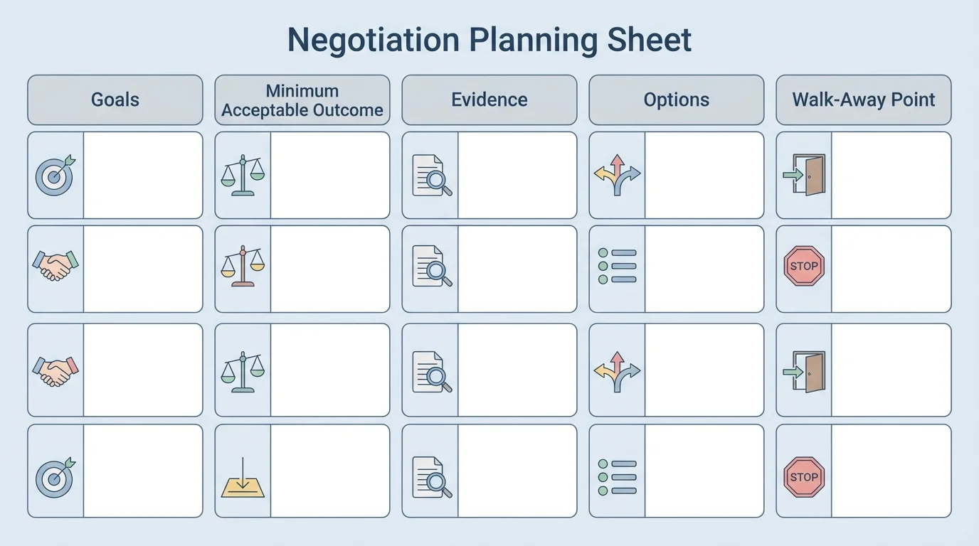 Chart showing a negotiation planning sheet with columns for goals, minimum acceptable outcome, evidence, options, and walk-away point