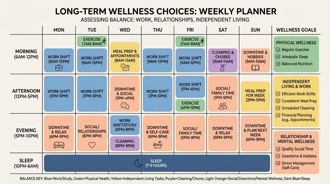illustration of a weekly planner with blocks for work shifts, meal prep, sleep, exercise, appointments, cleaning, and downtime
