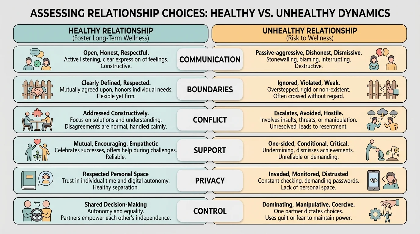 chart comparing communication, boundaries, conflict, support, privacy, and control in healthy and unhealthy relationships