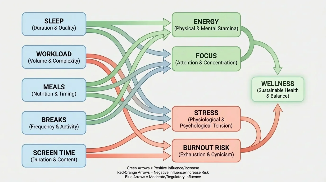 flowchart showing how sleep, workload, meals, breaks, and screen time influence energy, focus, stress, and burnout risk