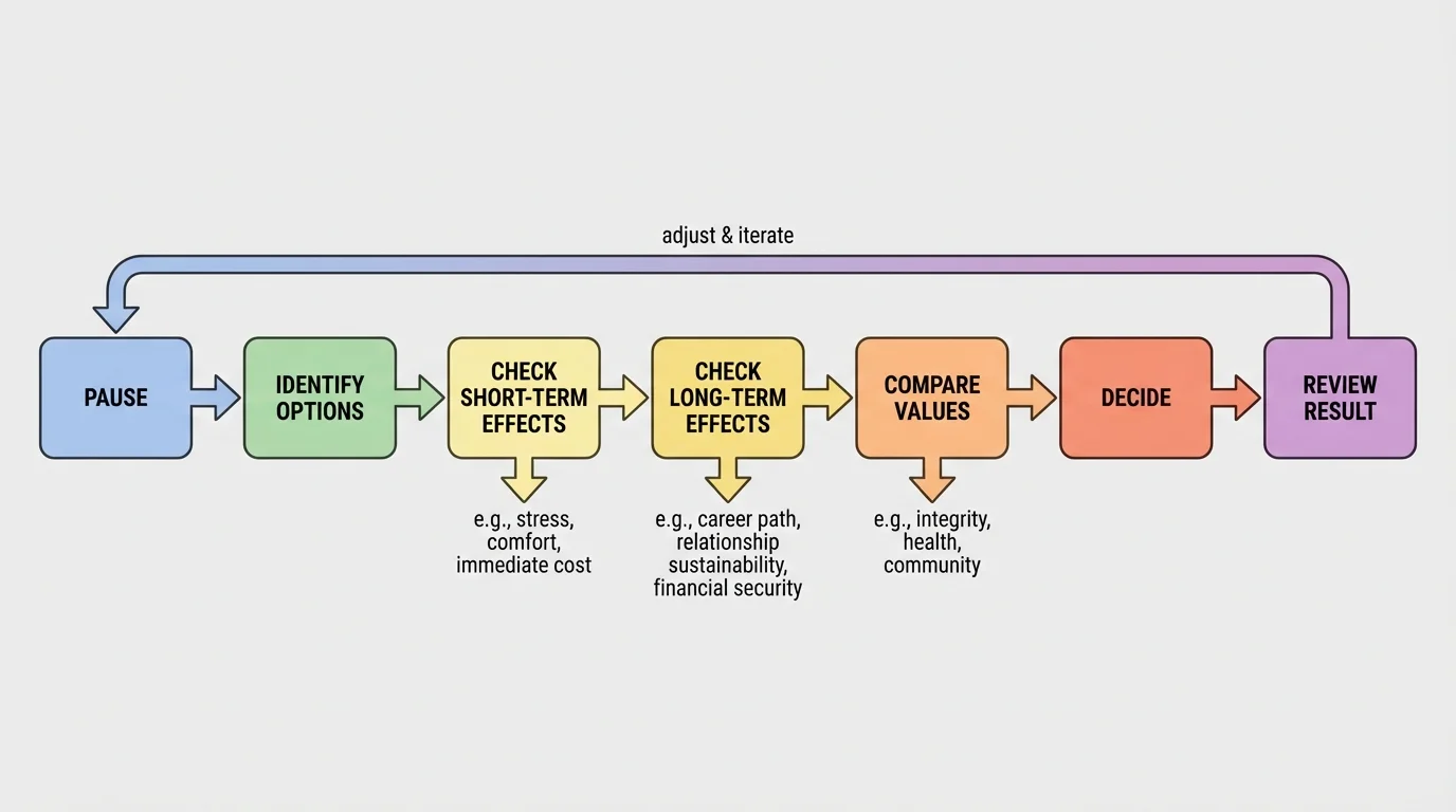 flowchart with steps pause, identify options, check short-term effects, check long-term effects, compare values, decide, review result