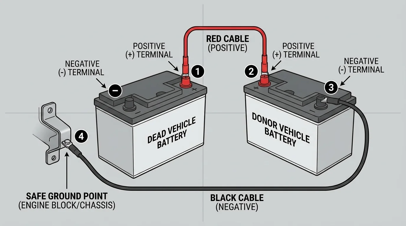Two car batteries with red and black cables connected in correct order, labeled positive and negative terminals and safe ground point