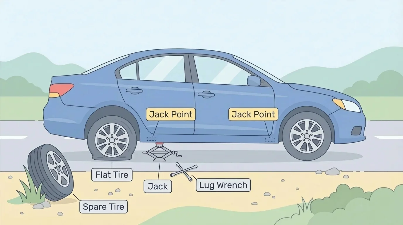 Car on roadside with labeled flat tire, spare tire, jack points, jack, and lug wrench placement