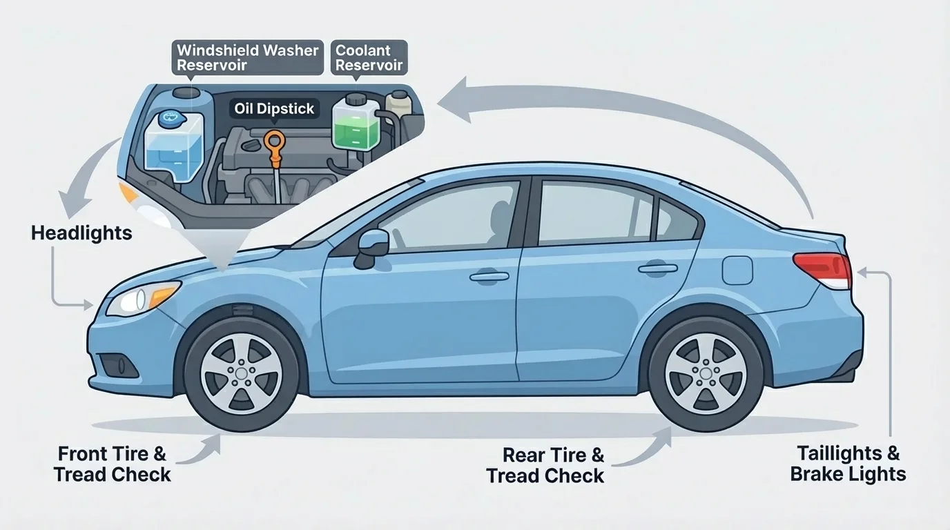Vehicle walk-around checklist scene showing tires, headlights, taillights, windshield washer reservoir, oil dipstick, and coolant reservoir