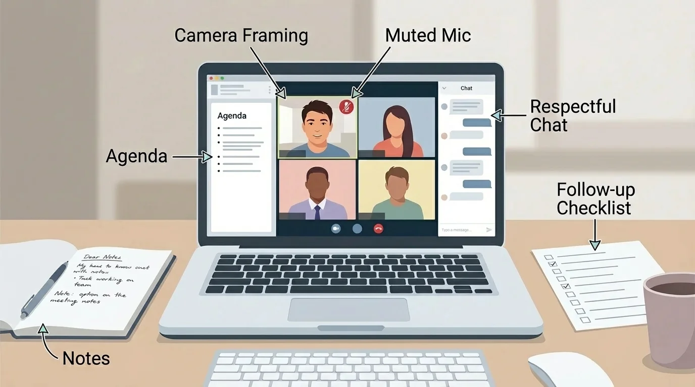 Student participating in an online team meeting at a desk with labels for agenda, notes, camera framing, muted mic, respectful chat, and follow-up checklist