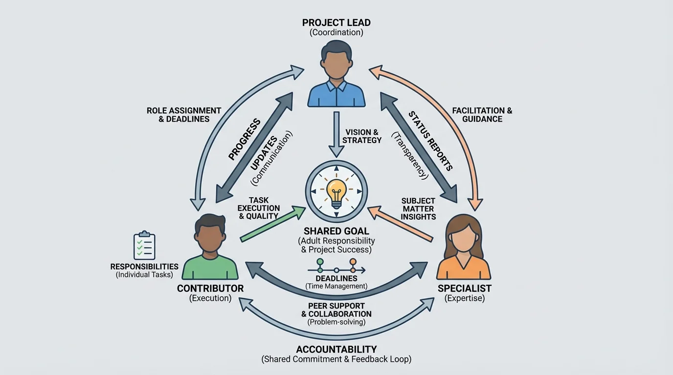 Small team around a shared goal in the center, with labeled arrows for roles, updates, deadlines, support, and accountability between members
