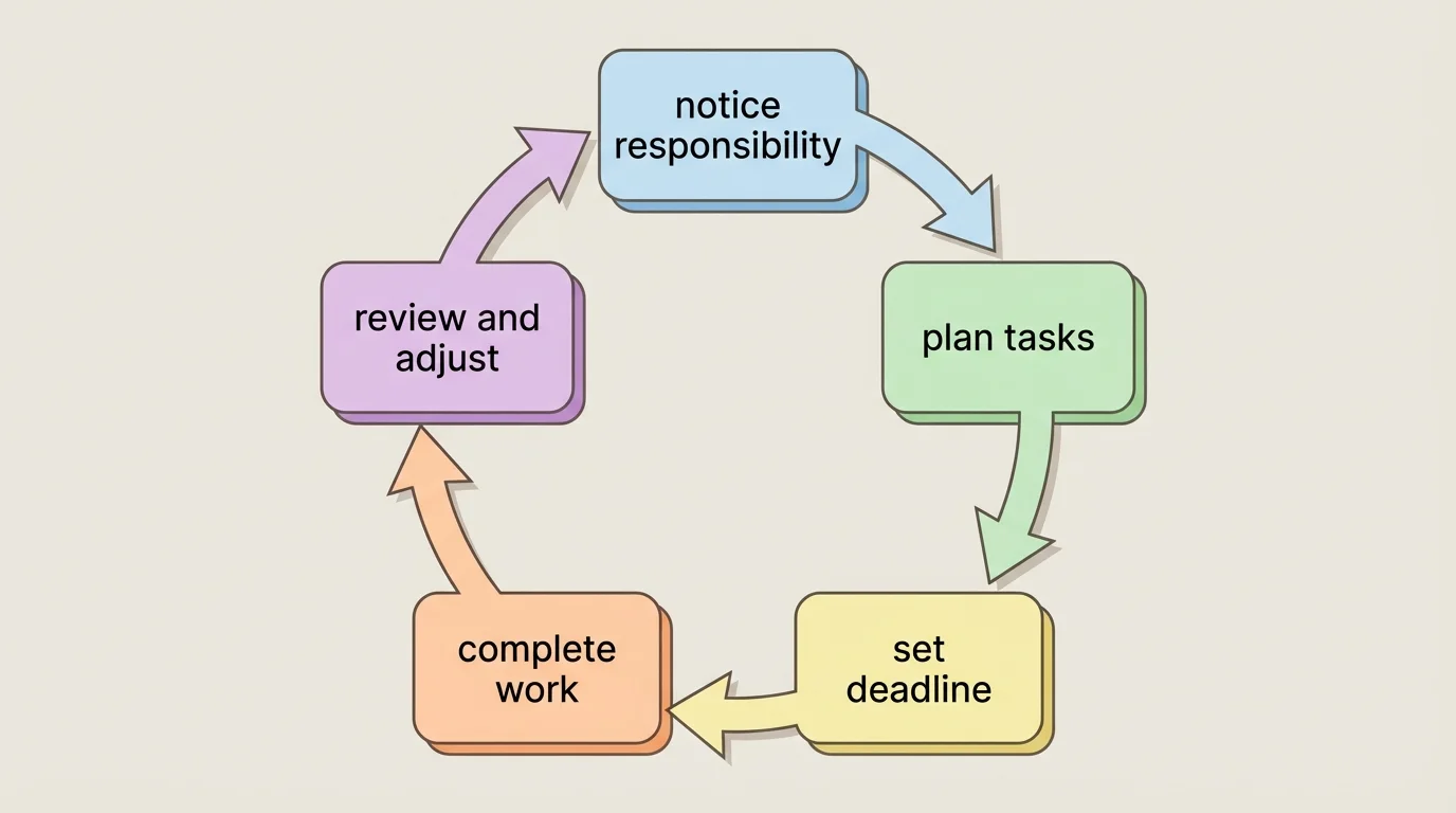 Self-leadership cycle with boxes labeled notice responsibility, plan tasks, set deadline, complete work, review and adjust, connected in a loop