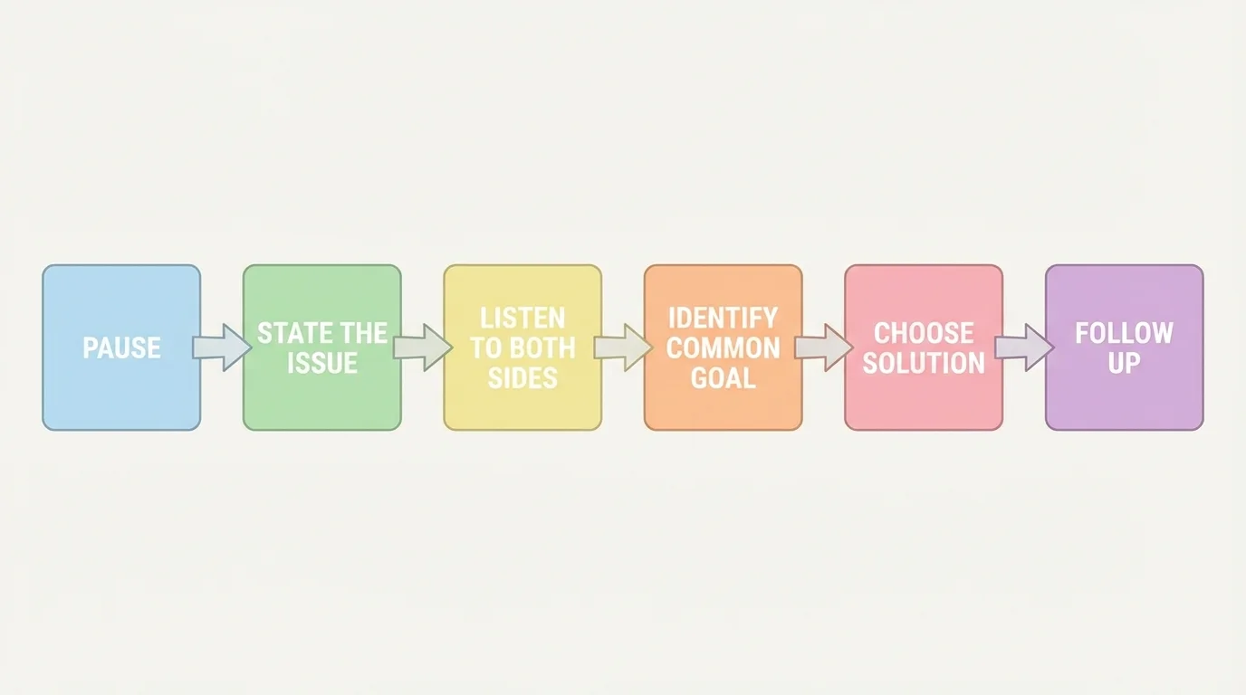 Conflict resolution process with boxes labeled pause, state the issue, listen to both sides, identify common goal, choose solution, follow up