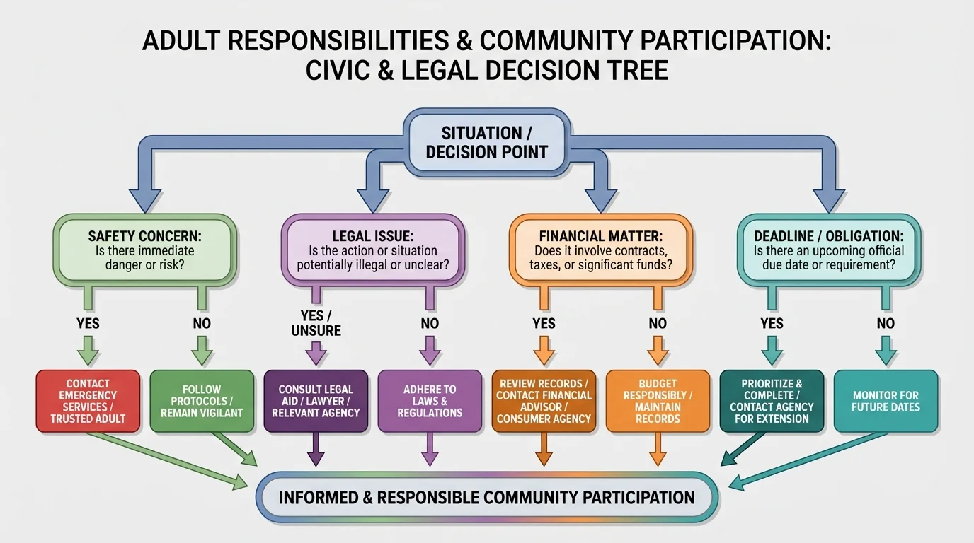 Flowchart decision tree with questions about safety, legality, money, deadlines, and whether to contact a trusted adult, agency, or lawyer