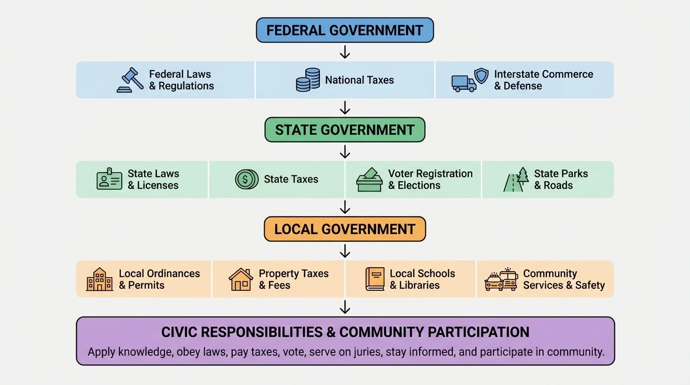 Flowchart showing local, state, and federal government levels with examples such as roads, schools, licenses, taxes, and federal laws
