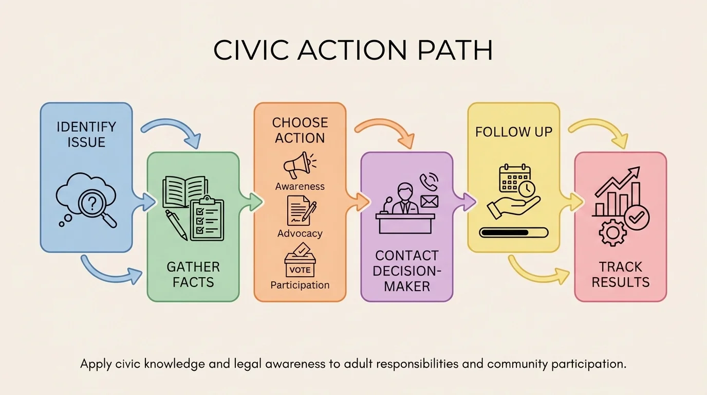 Flowchart showing a civic action path: identify issue, gather facts, choose action, contact decision-maker, follow up, track results