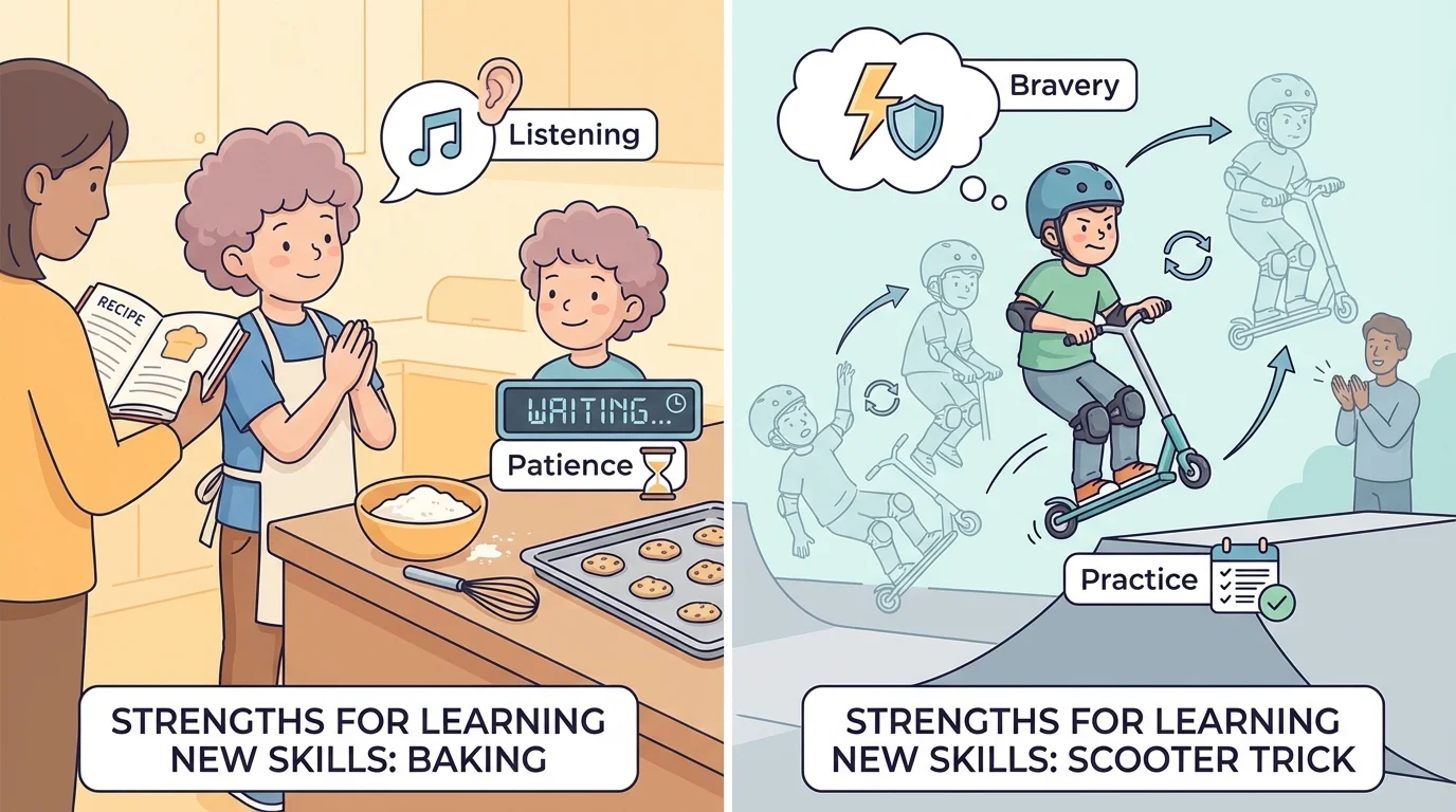 illustration of a child learning to bake using patience and listening, and another child learning a scooter trick using bravery and practice