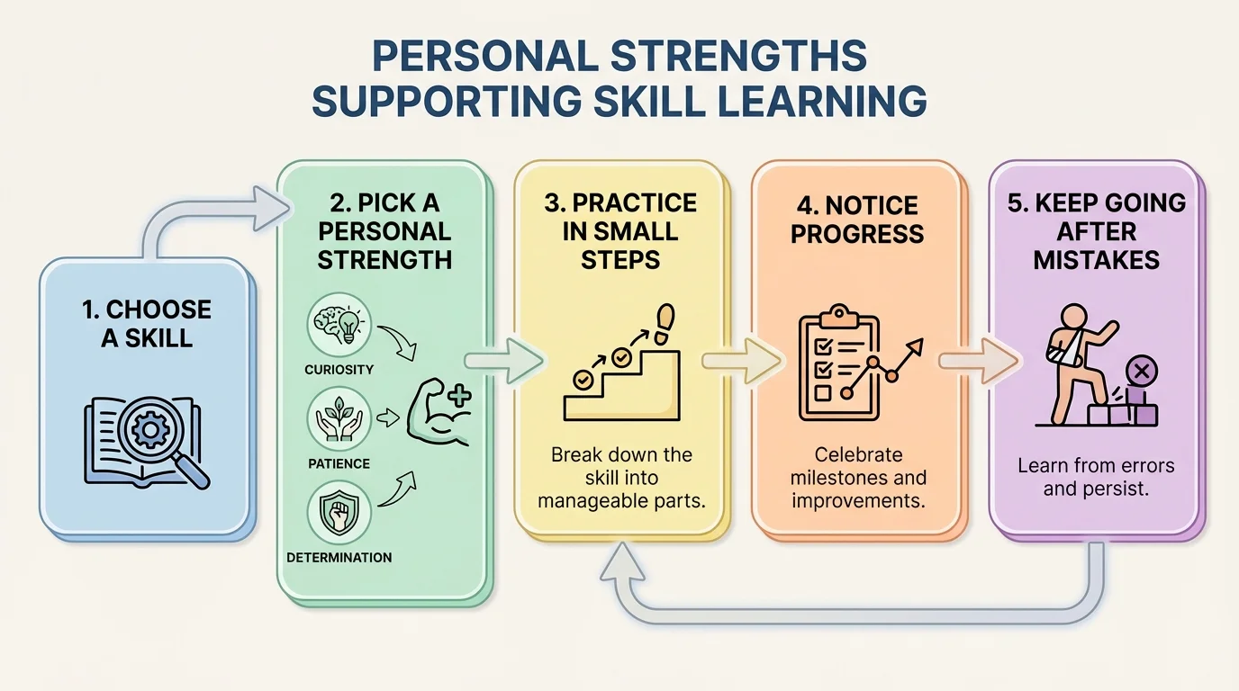 flowchart with steps choose a skill, pick a strength, practice in small steps, notice progress, keep going after mistakes