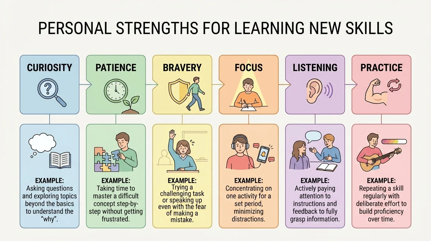 chart showing strengths such as curiosity, patience, bravery, focus, listening, and practice with matching everyday examples