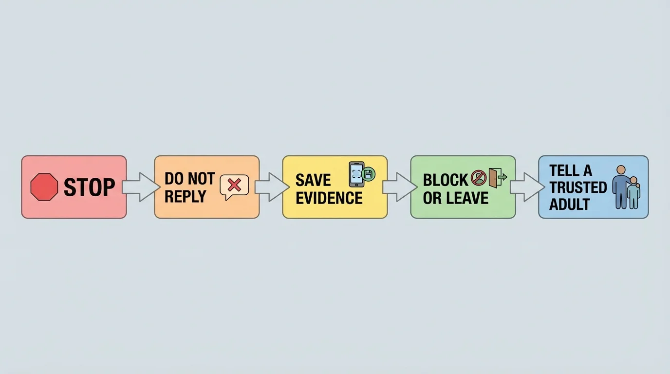 Simple child-friendly online safety flowchart with boxes reading stop, do not reply, save evidence, block or leave, tell a trusted adult