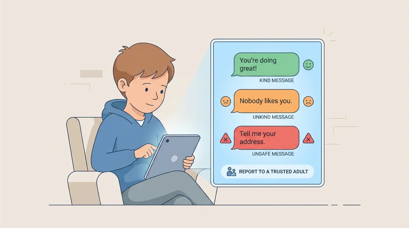 Child looking at a tablet with three simple message bubbles showing a kind message, an unkind message, and an unsafe message with clear icon clues