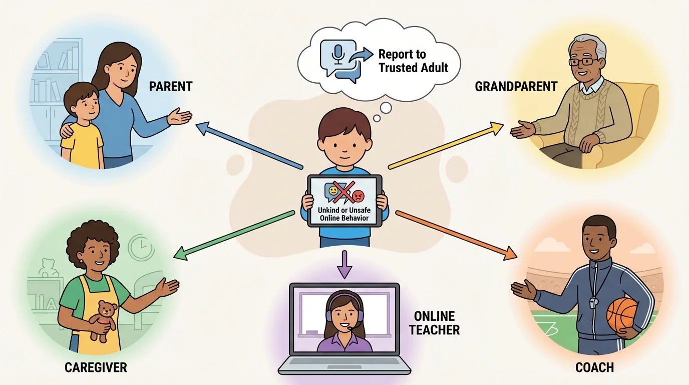 Child connected by simple lines to trusted adults including parent, grandparent, caregiver, online teacher on laptop screen, and coach
