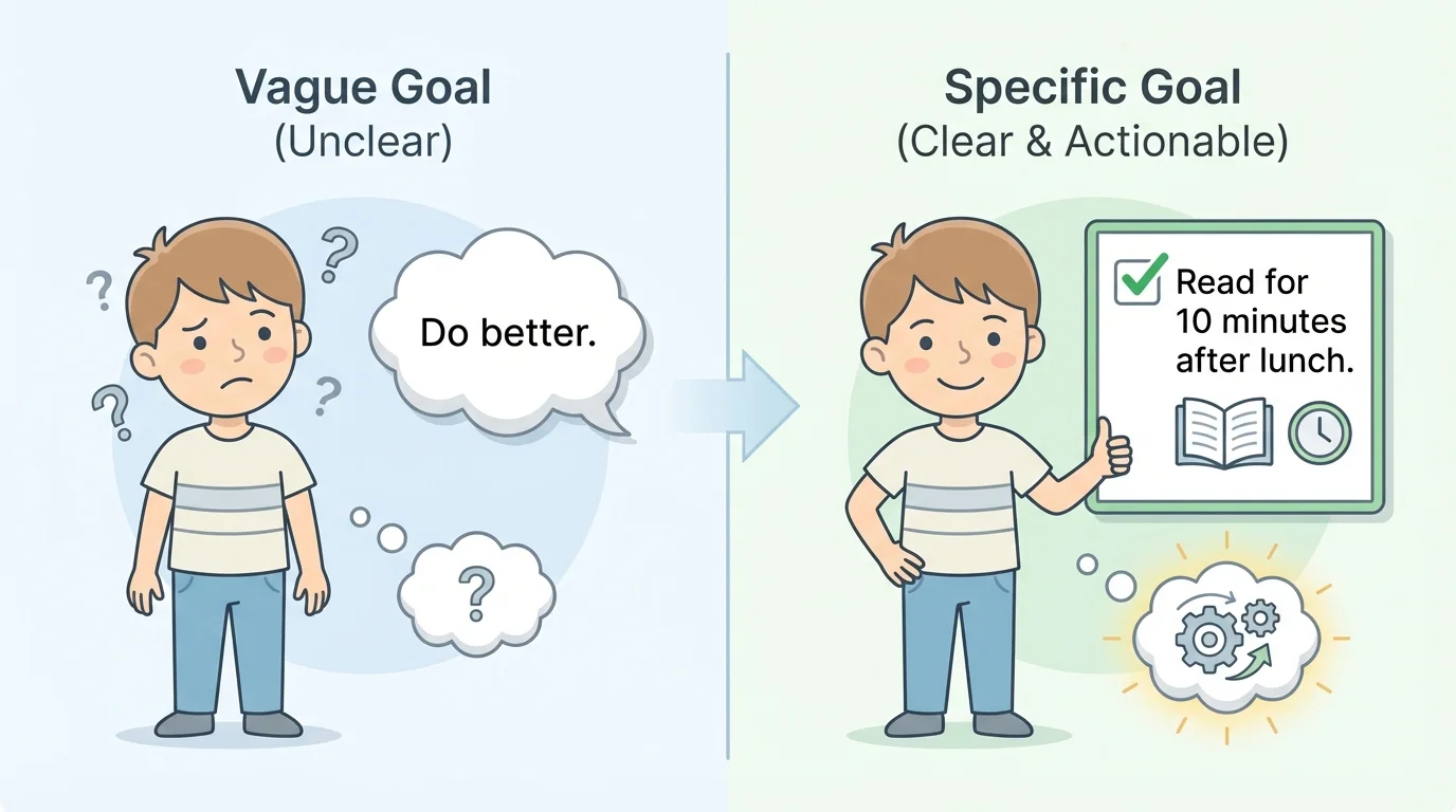 child looking confused at a speech bubble saying "Do better," next to the same child smiling with a checklist saying "Read for 10 minutes after lunch"