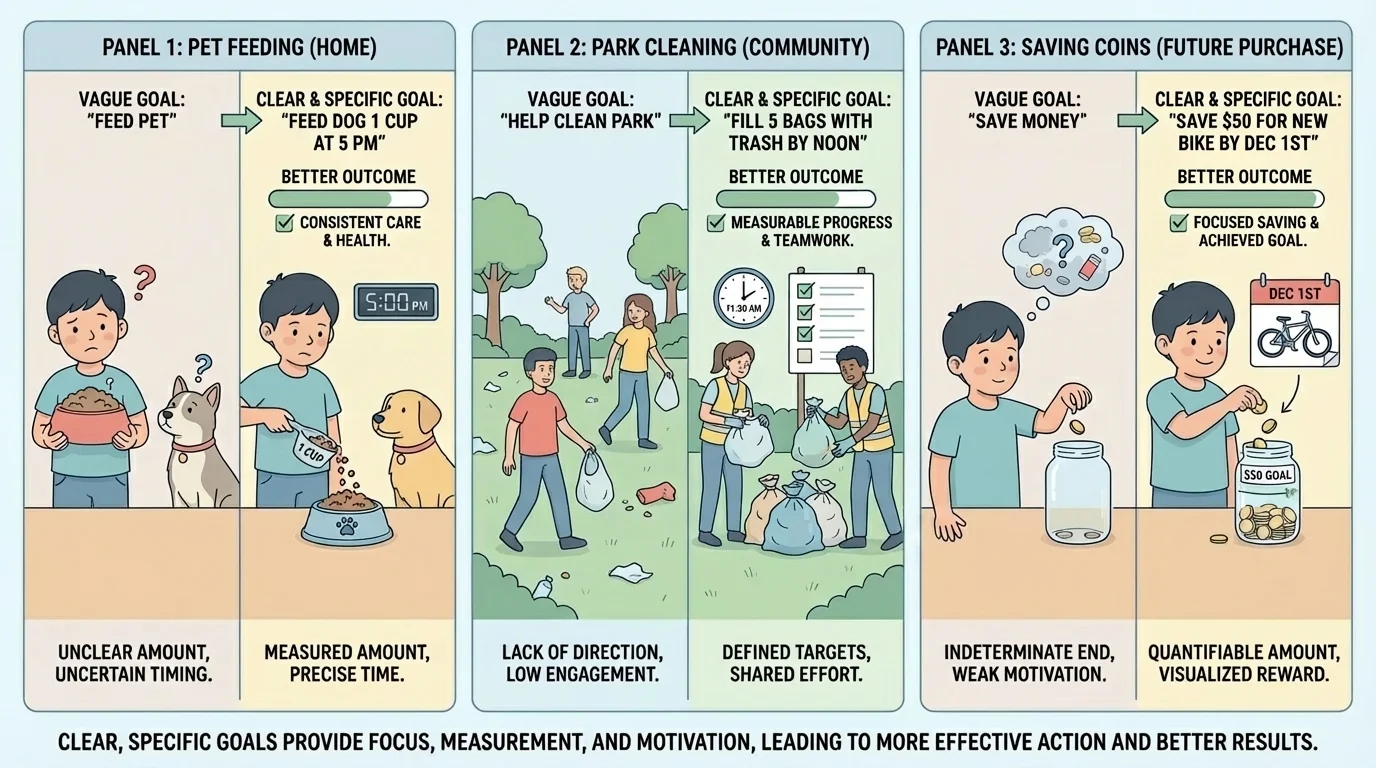 three-panel illustration showing a child feeding a pet at home, helping clean a park in the community, and saving coins in a jar for a future purchase
