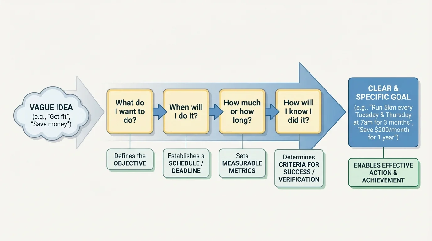 flowchart with boxes labeled "What do I want to do?", "When will I do it?", "How much or how long?", and "How will I know I did it?"