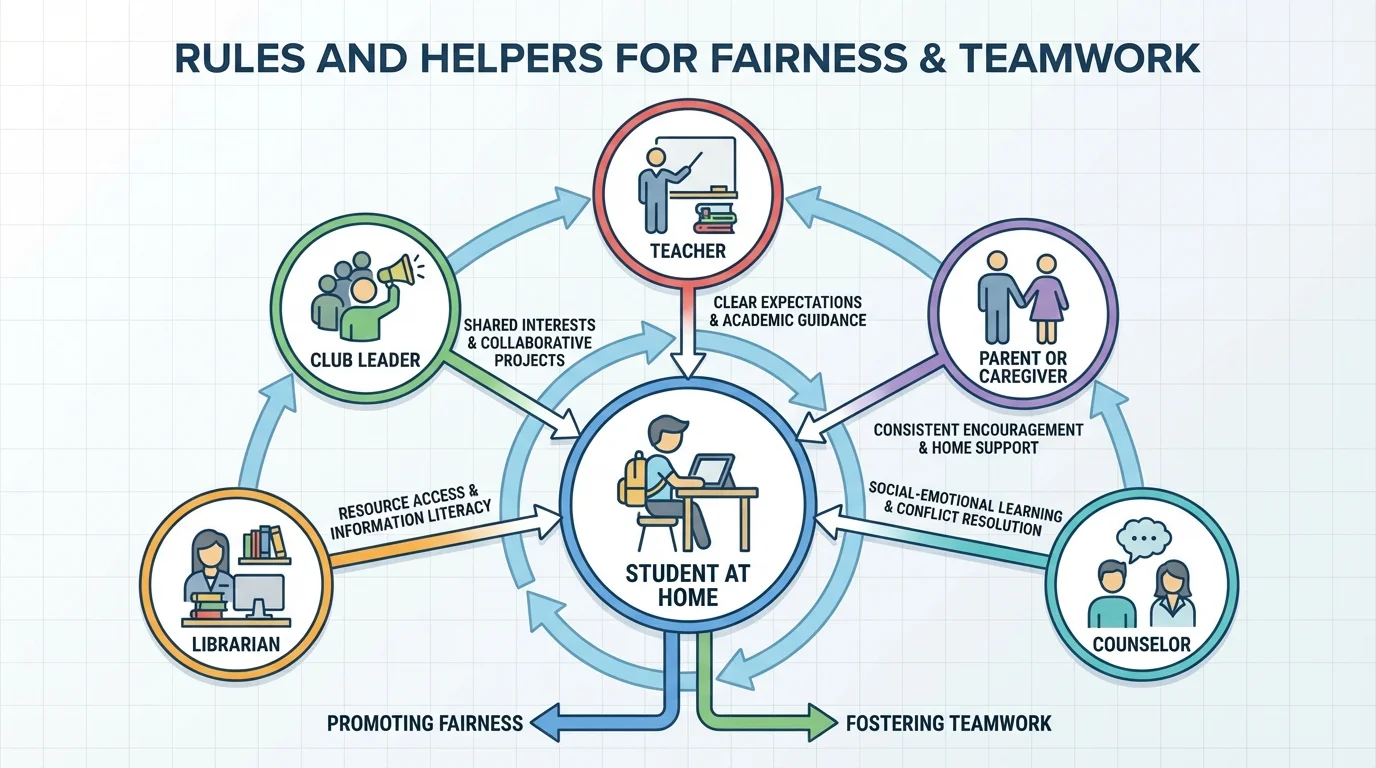 student at home connected in a support circle to teacher, parent or caregiver, counselor, librarian, and club leader as trusted helpers