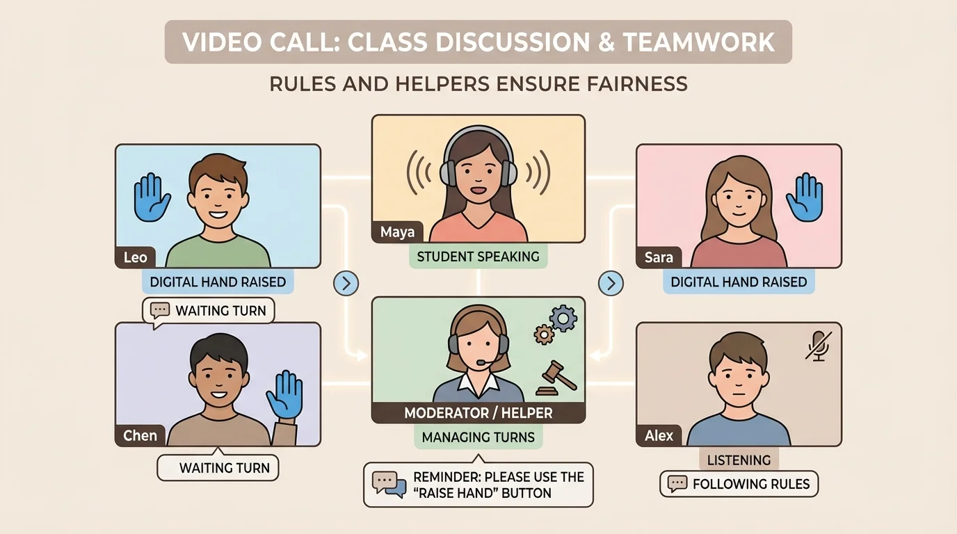 children on a video call raising digital hands while one student speaks and others wait their turn