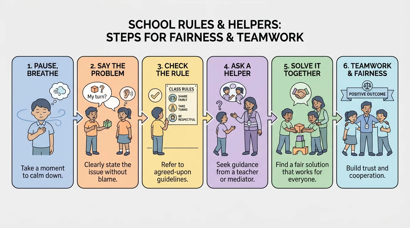 steps pause, breathe, say the problem, check the rule, ask a helper, and solve it together