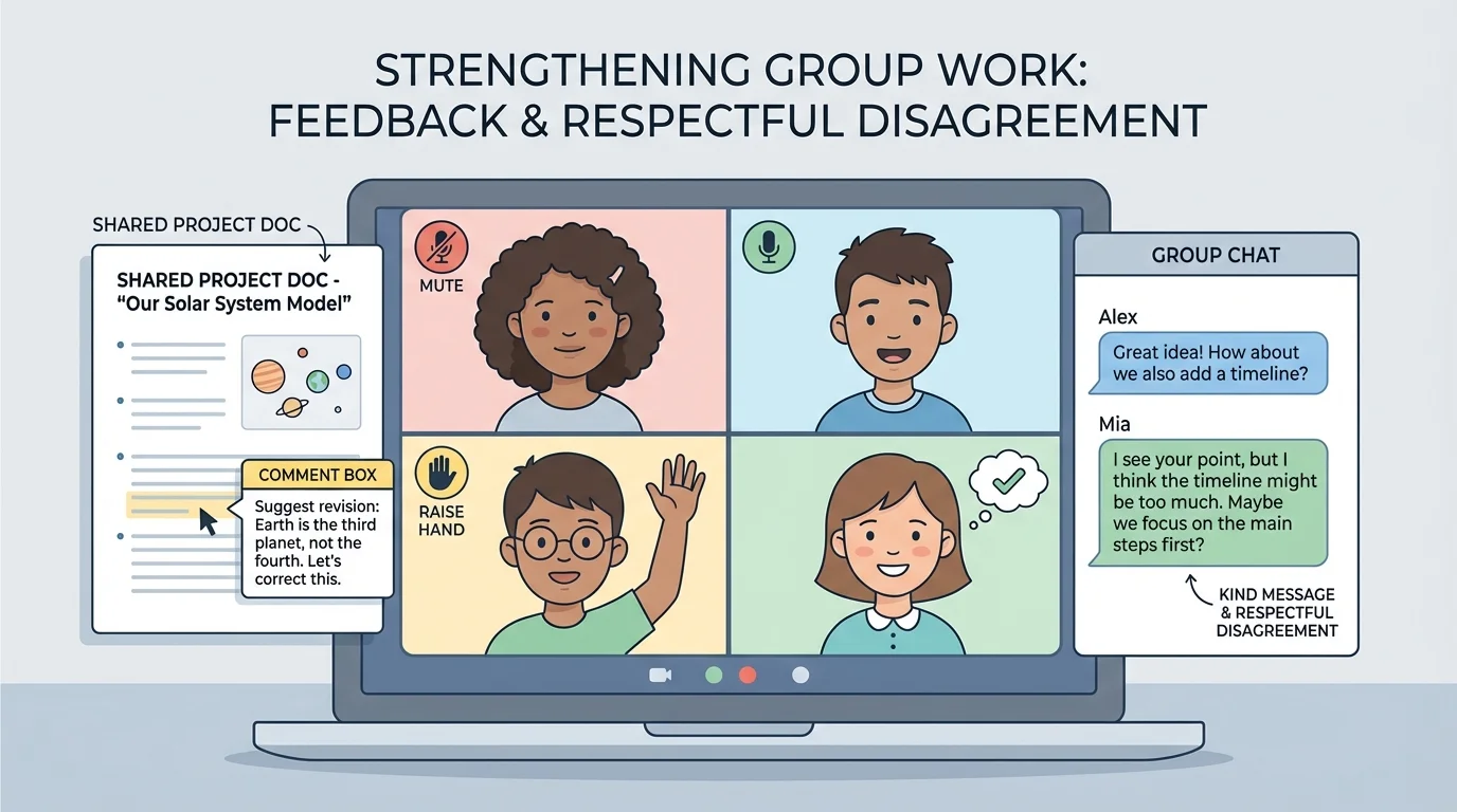 illustration of kids on a video call, chat box, and shared document with labels for mute, raise hand, kind message, and comment box