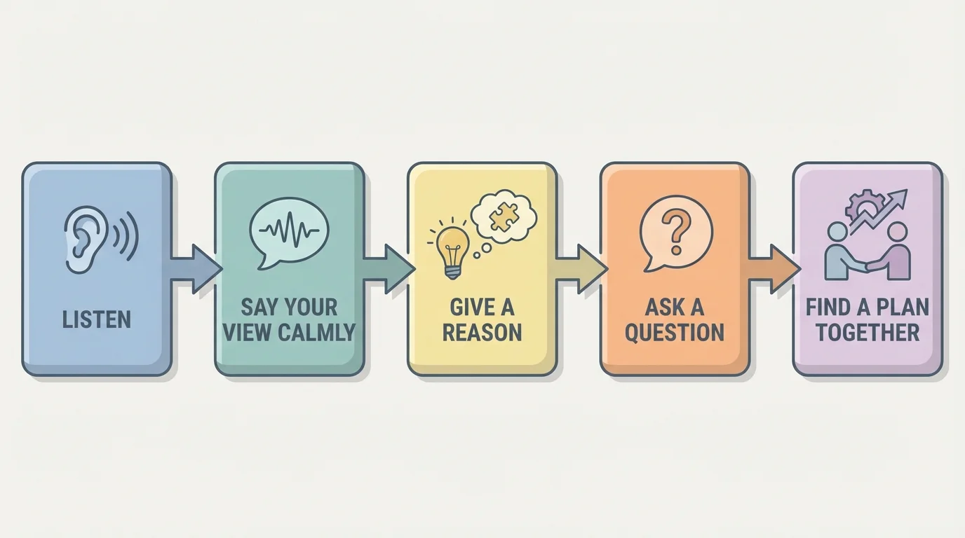 flowchart showing listen, say your view calmly, give a reason, ask a question, and find a plan together