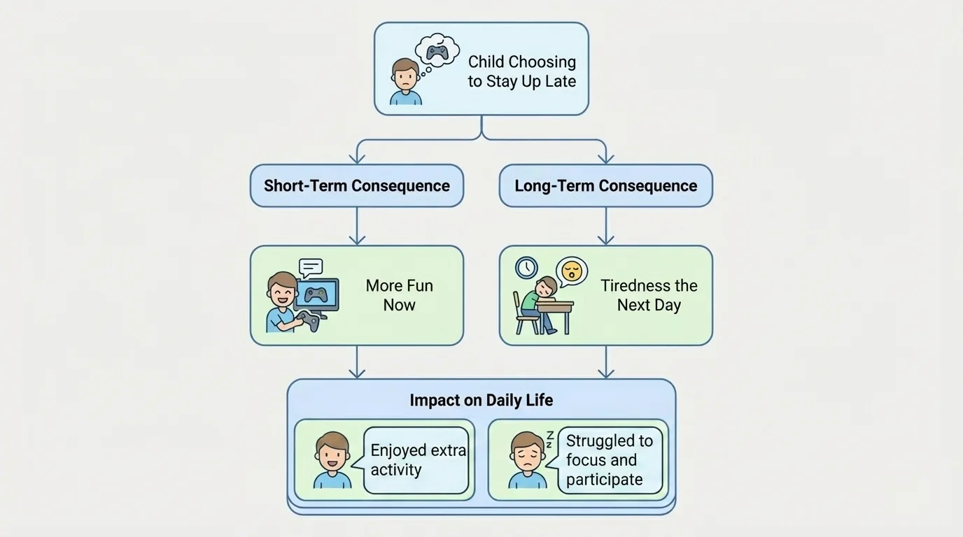 flowchart showing one child choosing to stay up late, with short-term result of more fun now and long-term result of tiredness the next day