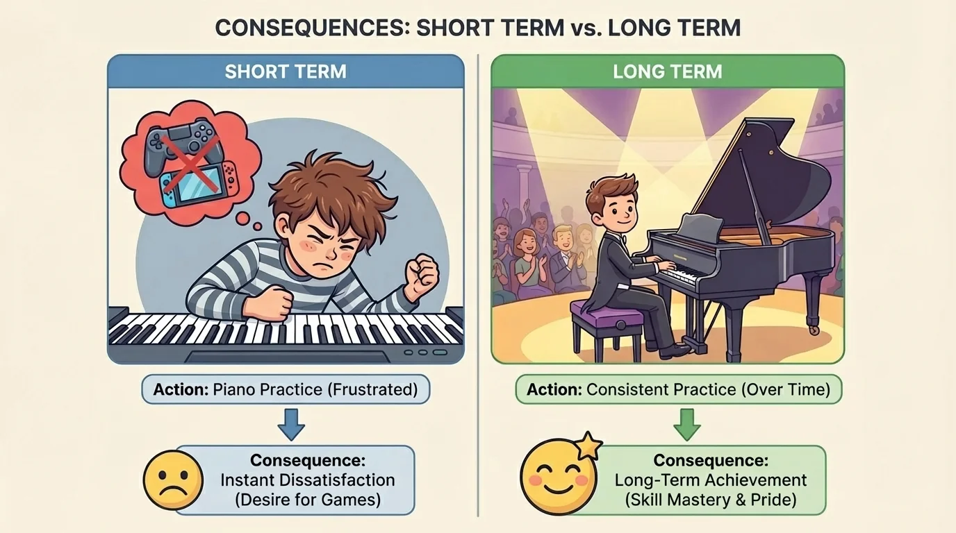 illustration of a child practicing piano instead of only playing games, looking frustrated at first and later proudly performing well