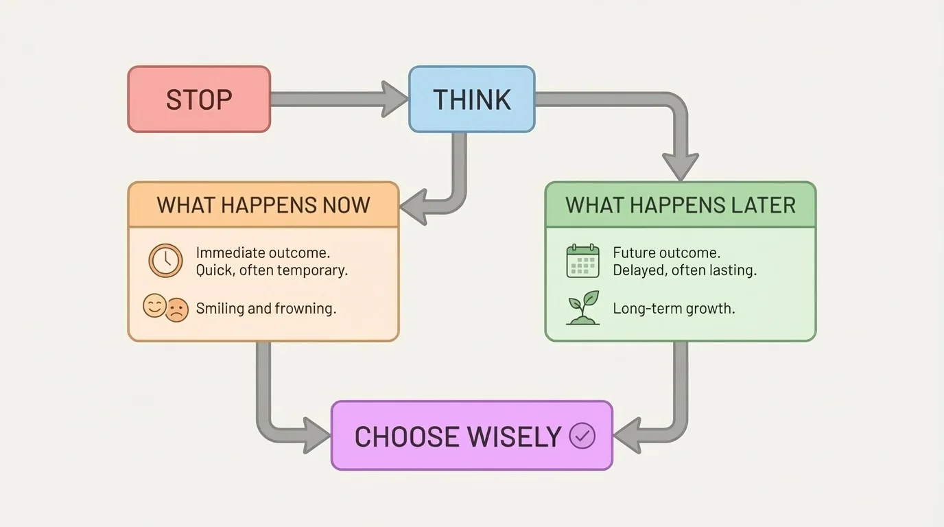 flowchart with boxes labeled Stop, Think, What happens now, What happens later, Choose wisely