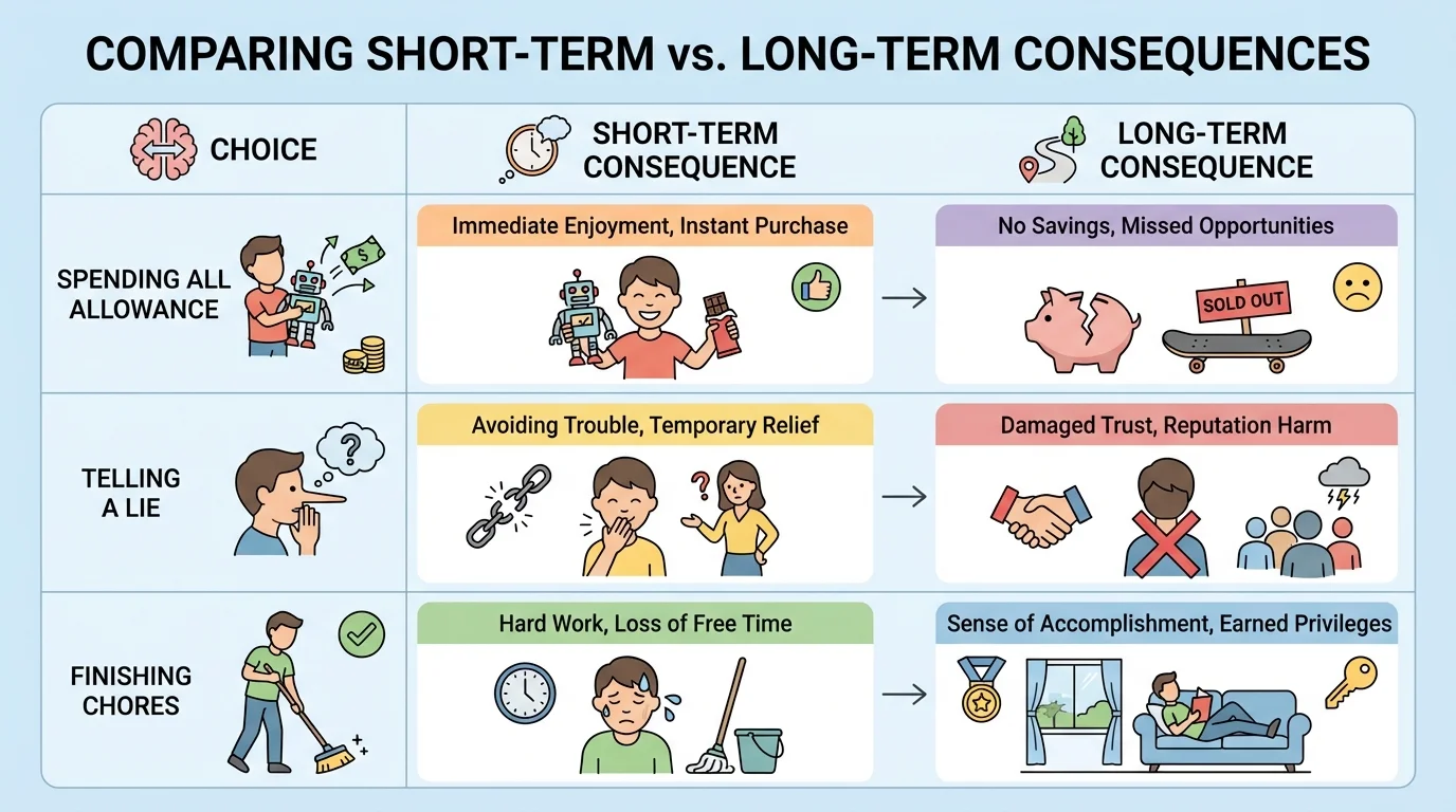 chart comparing choices such as spending all allowance, telling a lie, and finishing chores, with columns for short-term and long-term consequences