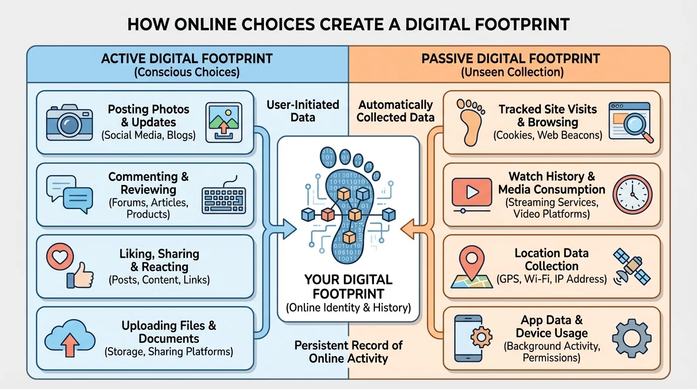 two-column comparison chart with active digital footprint examples such as posting, commenting, liking, uploading, and passive digital footprint examples such as tracked visits, watch history, location collection, and app data collection