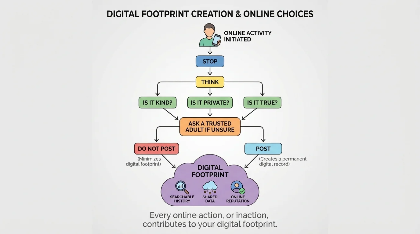 decision flowchart with boxes labeled stop, think, is it kind, is it private, is it true, ask a trusted adult if unsure, and final choices post or do not post