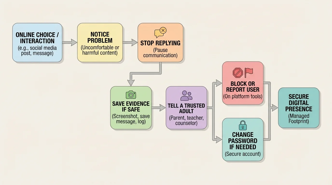 flowchart showing notice problem, stop replying, save evidence if safe, tell a trusted adult, block or report user, change password if needed