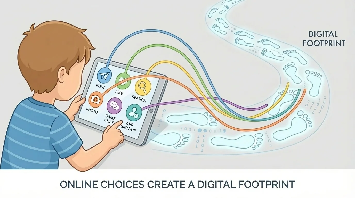 child using a tablet with icons for post, like, search, photo, game chat, and app sign-up, all leading to a trail of digital footprints behind the device