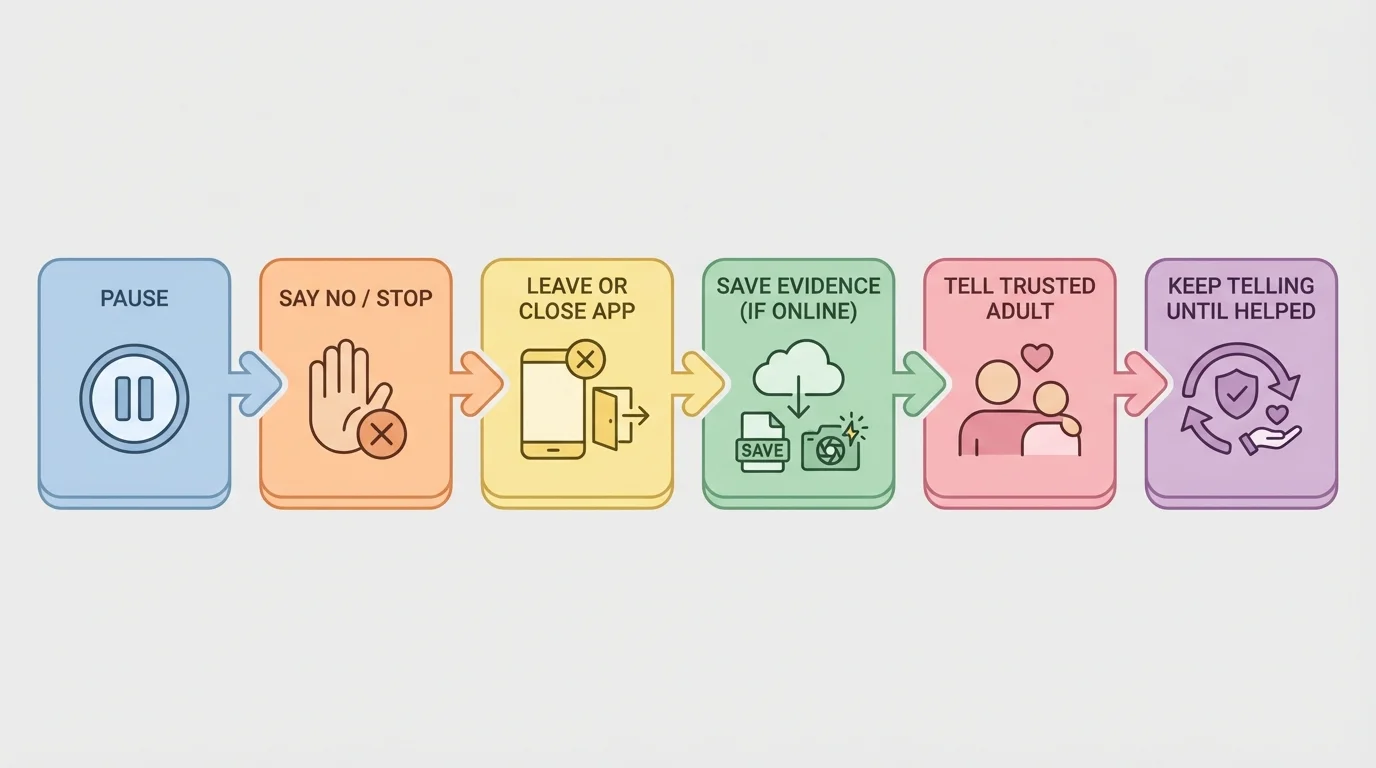 Simple flowchart showing Pause → Say no/stop → Leave or close app → Save evidence if online → Tell trusted adult → Keep telling until helped