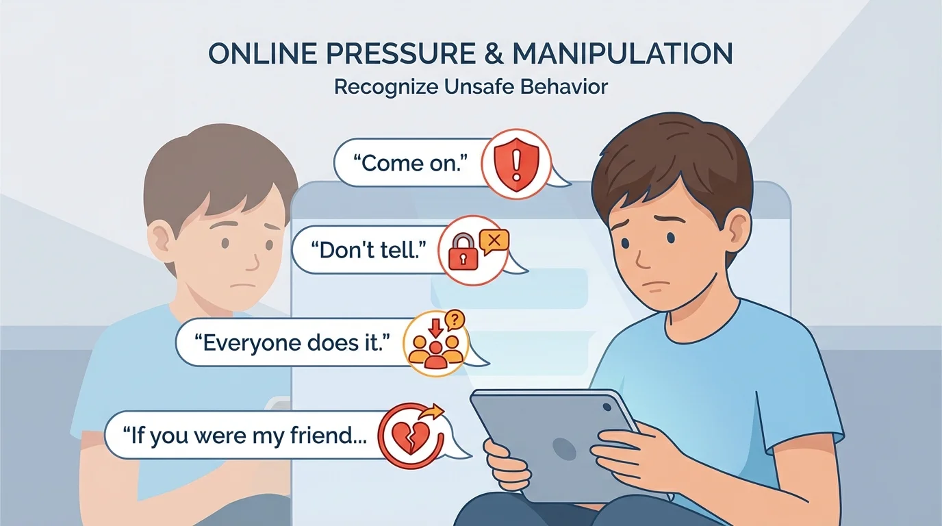 Child reading chat messages with speech bubbles saying "Come on," "Don't tell," "Everyone does it," and "If you were my friend..." with warning icons