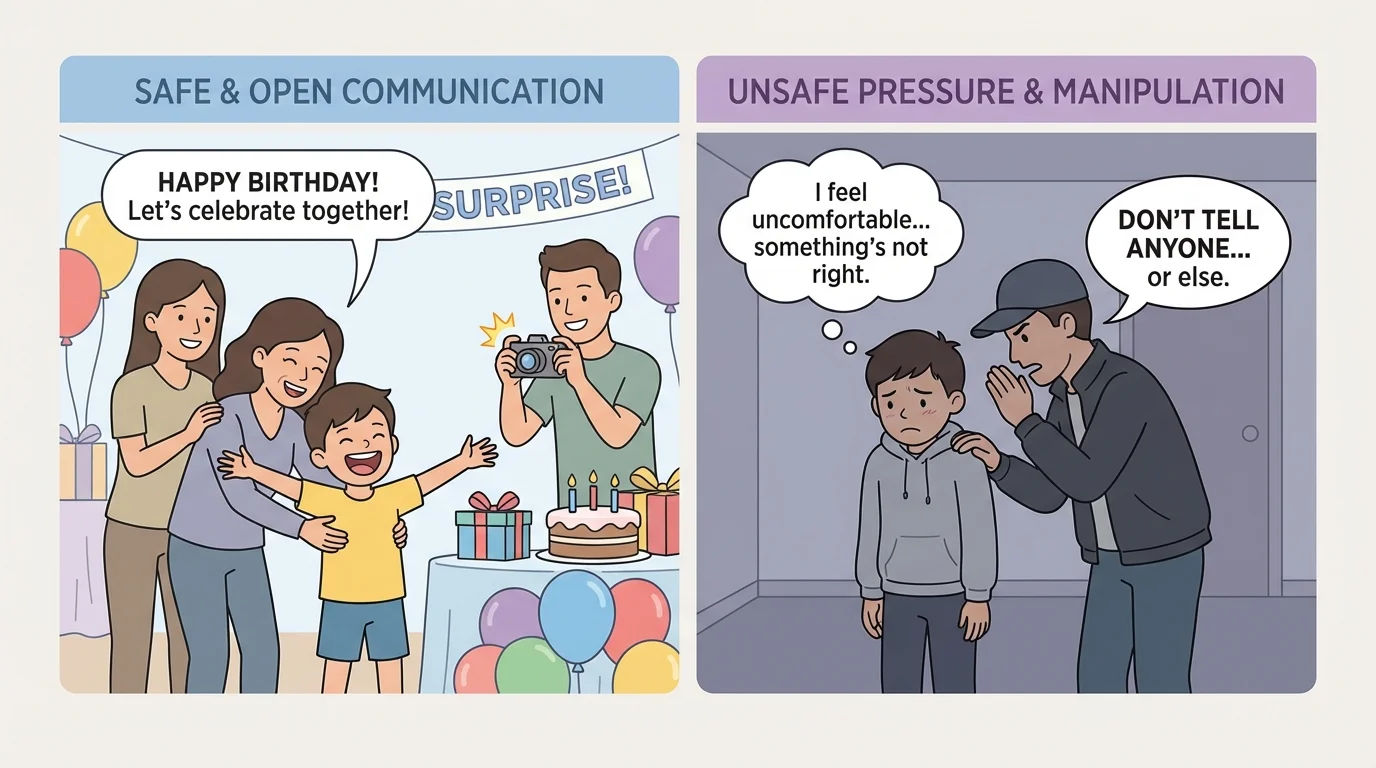 Two-column illustration showing a birthday surprise with happy adults on one side and a worried child being told "Don't tell anyone" on the other