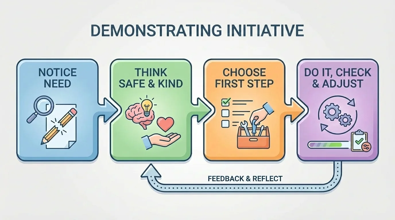 boxes and arrows showing notice need, think safe and kind, choose first step, do it, check and adjust